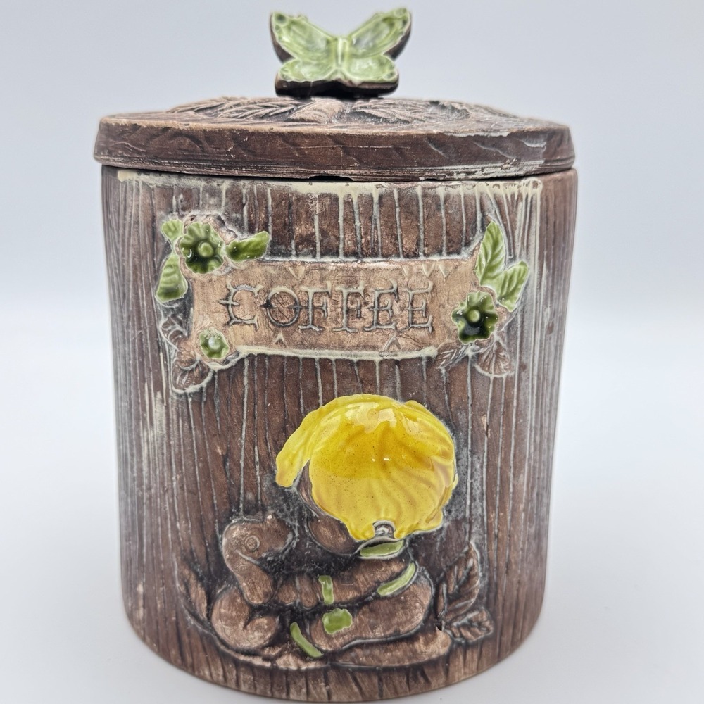 VTG Treasure Craft Coffee Jar Green Butterfly &Boy Ceramic WoodGrain CottageCore